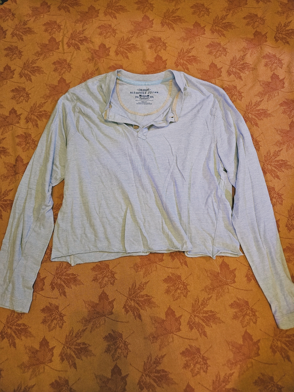 Retro Alexander Julian Light Blue Long Sleeve Cropped Henley Top